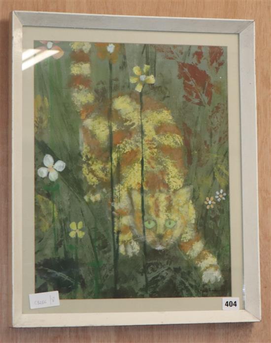 Sue Lampitt, watercolour on green paper, Cat crouching amongst flowers, signed and dated 67, 44 x 35cm